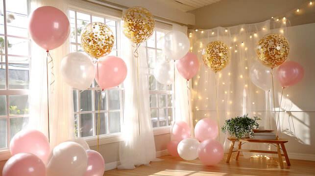 Elegant celebration setup with festive pink, white, and gold confetti balloons creating a joyful atmosphere for parties and events.