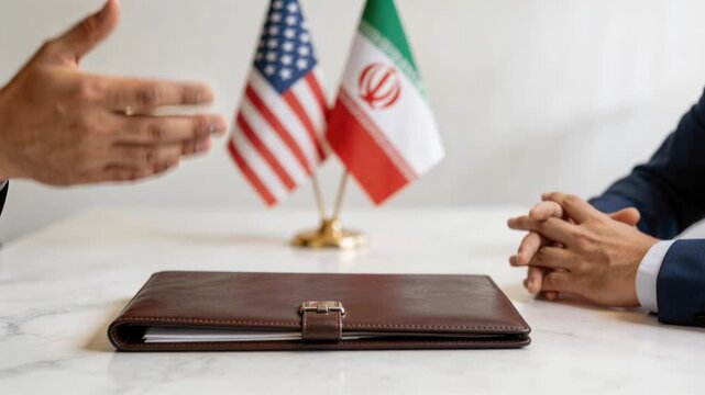 Diplomatic meeting between the United States and Iran. Officials discussing international relations. US and Iranian flags on a table with a document folder. Negotiation and political talks concept