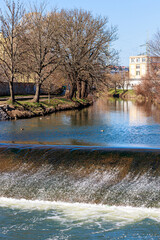 Urban River Weir With Bare Trees, Ducks and Reflections Beside City Buildings on Sunny Day © Olga