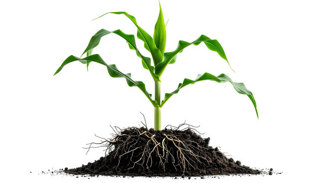 A healthy, vibrant green corn plant sprouts from a dark, rich pile of soil with visible roots