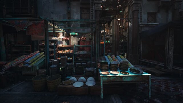 dim night market stall lit by neon lanterns and shop lamps, empty produce tables and woven baskets on wet cobblestone alley vintage crates and spice jars line