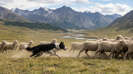 Fototapeta premium Border Collie Herding Sheep Across Grassy Field with Majestic Mountains