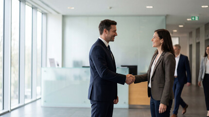 Fototapeta premium Business Professionals Shaking Hands in Modern Office Lobby Agreement Partnership