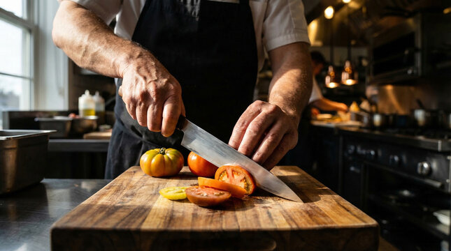 Chef Slicing Fresh Tomatoes on Wooden Cutting Board in Professional Kitchen