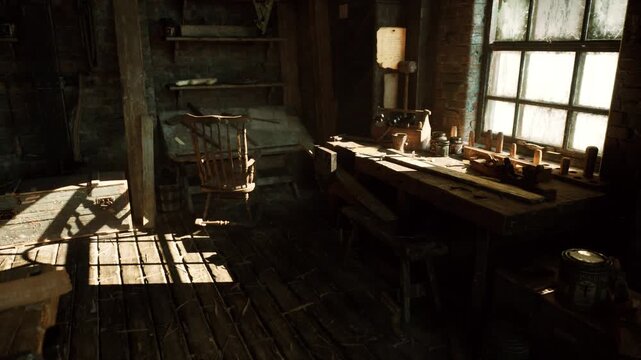 sunbeam drenched derelict shop interior, rusted tools on bench, broken crates and oil stains, cracked window panes glowing at dawn, cinematic contrast