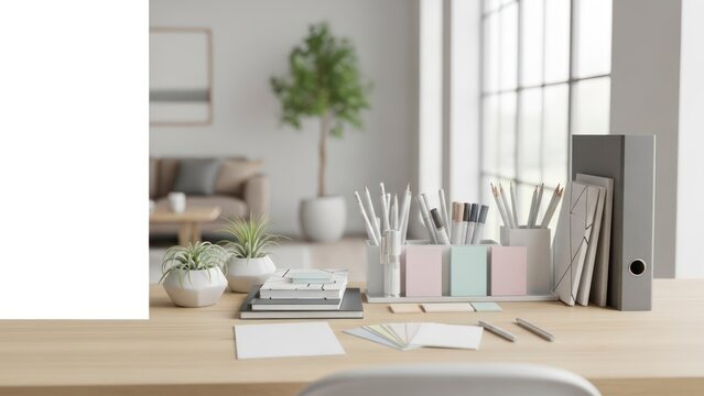 Modern office desk arrangement with stationery and plants in bright interior