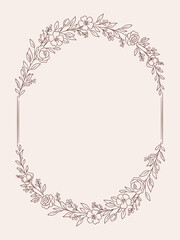 Elegancka owalna ramka kwiatowa w stylu line art z wieńcem z róż, drobnych kwiatów i gałązek z jagodami, do zaproszeń ślubnych, monogramów, certyfikatów i projektów graficznych. © Monika