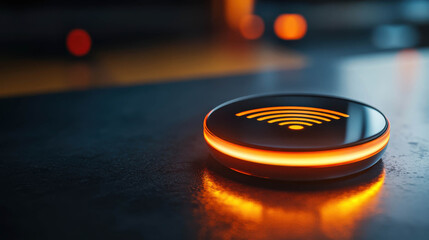 Fototapeta premium Glowing wireless payment device with digital signal icon on modern futuristic technology background