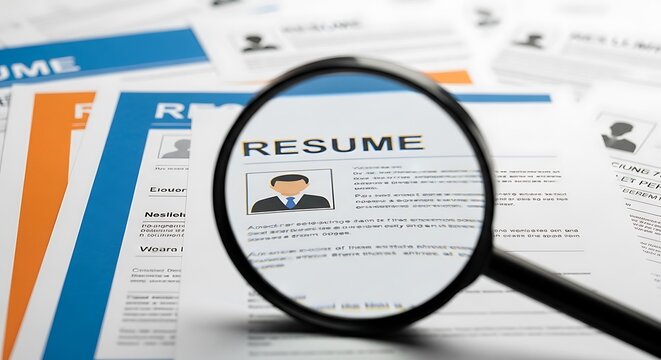 Magnifying glass over a resume. Other resumes blurred in background, focus on document detail