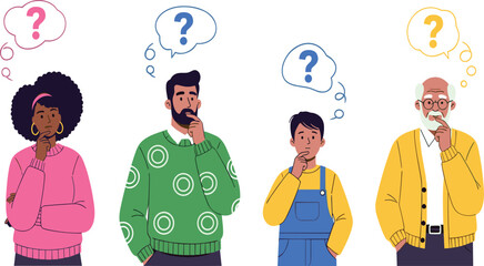 Set of diverse people thinking with question marks confused characters brainstorming problem solving concept cartoon vector illustration collection © Lunavera art