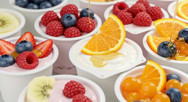 Assorted fruit cups with yogurt.