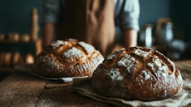 Two round sourdough bread loaves rest on linen cloths, showcasing a crisp crust and rustic texture. The blurred background hints at a baker in a warm, inviting bakery setting