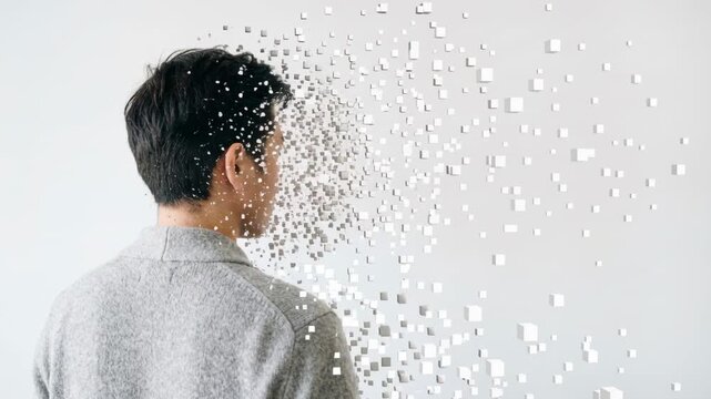 Man's face disintegrating into digital pixels. 3D visual effect of a head dissolving into floating cubes. Concept of deepfake technology, AI, and digital identity. Copy space for text