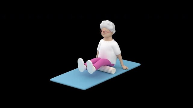 Elderly female performing a foam rolling exercise for the hamstrings on a fitness mat, 3d render with alpha channel