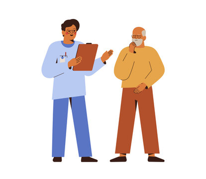 Doctor talks with senior man. Medical exam of elderly male patient in hospital. Physical and mental health support and care men's health age-related issues. Vector illustration