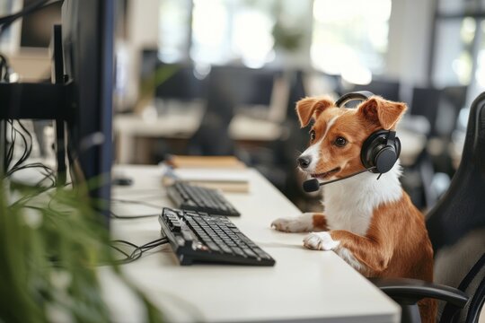 A cheerful dog with a headset sits at a desk, radiating friendliness and engagement, showcasing how pets brighten up workspace environments with their joyful presence.