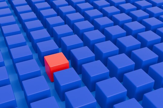 cube grid concept red cube among blue cubes 3D render