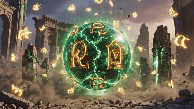 Abstract digital energy orb exploding with lightning and debris