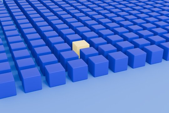 cube grid concept yellow cube among blue cubes 3D render