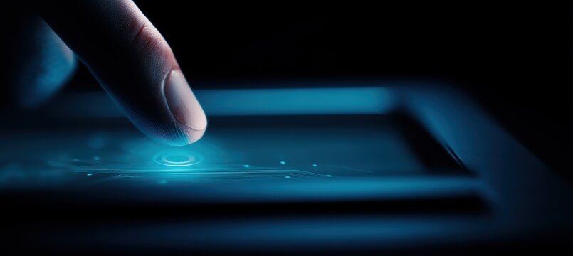 Fingertip on laptop trackpad with glowing amber and cyan circuitry