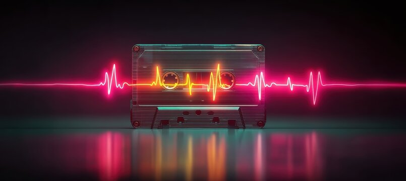 Cassette tape flowing with glowing heartbeat pulse and faint reel shadow