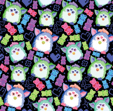 Seamless pattern with retro fluffy robot toys and gummy bears, Y2K aesthetic background with pixel hearts and butterflies, vector nostalgia wallpaper