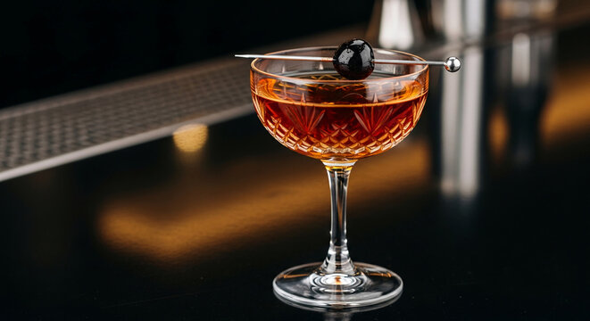 Elegant amber cocktail in a cut-glass coupe, garnished with a dark cherry. Symbolizes sophistication, luxury, and a refined bar experience. Free space.