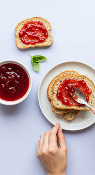 Top view of whole-wheat bread with vibrant red jam, a hand spreading it. A bowl of jam and basil leaves. Concept of a healthy, simple breakfast with free space for text