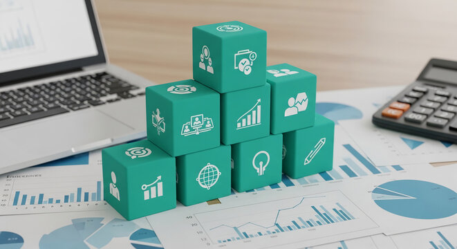 Stacked teal cubes with business icons on a desk with charts, laptop, calculator. A modern showcase for data analysis, strategy, and growth, with free space for text.