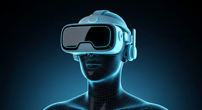 Wireframe human head wearing glowing blue virtual reality headset against dark background, symbolizing future technology, digital immersion, innovation, and augmented reality with free space