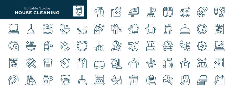 House cleaning. Clean up the house. Washing floors, windows, dishes, clothes and linen. Sweeping the floor and wiping dust. Set of outline icons. Line icon in linear style. Vector collection	