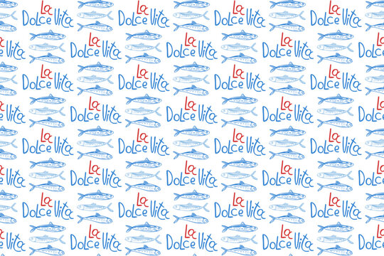 Seamless Mediterranean Fish Pattern with Handwritten La Dolce Vita Lettering, Nautical Blue and Red Vector Background for Restaurant Branding, Packaging, Textile and Coastal Summer Design