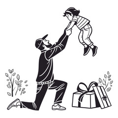 Fototapeta premium A black and white vector illustration of a man lifting a child into the air with gift boxes nearby