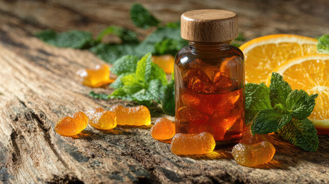 Halal vitamin gummies in glass bottle with wooden lid surrounded by fresh orange slices and mint leaves on rustic wooden table, healthy supplement concept