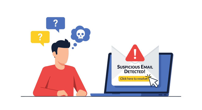 Man receives suspicious email on laptop, showing phishing scam and online security threat