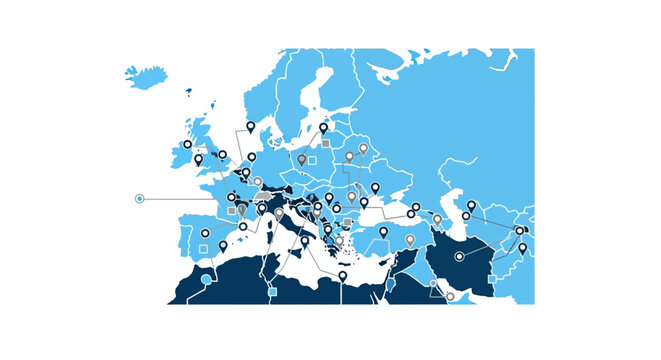 Detailed vector map of Europe, North Africa, and Middle East with location pins and network lines