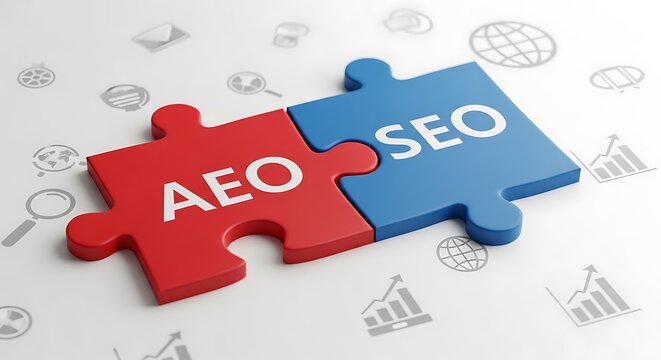 Two puzzle pieces, red and blue, read "AEO" and "SEO", with background icons