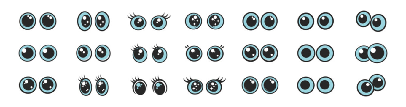 Cute cartoon eyes set, funny expressive eyeball characters, kawaii emoji style, minimal simple vector illustration collection on transparent background
