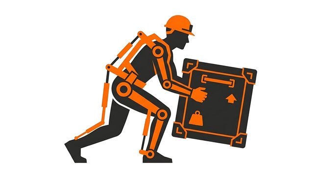 Silhouette of a construction worker using a robotic exoskeleton suit to lift a heavy crate, representing future industrial technology and human augmentation.