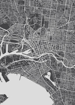 Detailed vector map of Melbourne City Center the capital and most populous city of the Australian state of Victoria, Monochrome topographic urban street plan, Cartography travel poster