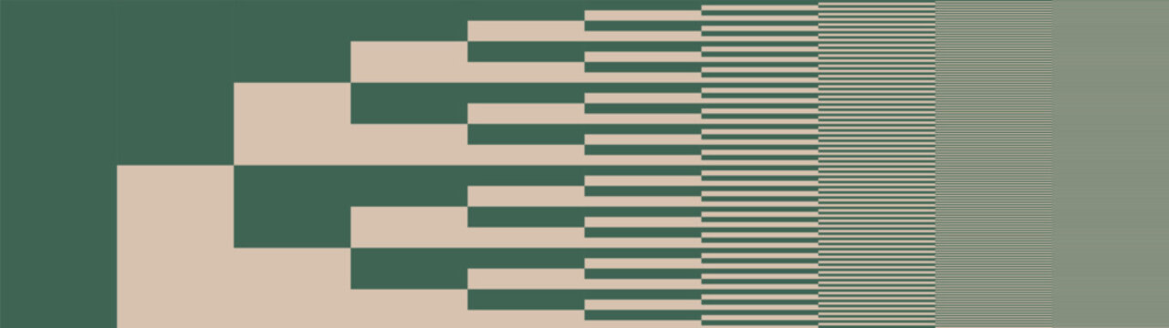 Green and Beige blocks with rhythmic transition from massive geometric shape to fine lines, Minimalist optical illusion pattern in flat brutalism aesthetics, Abstract binary tree or data structure