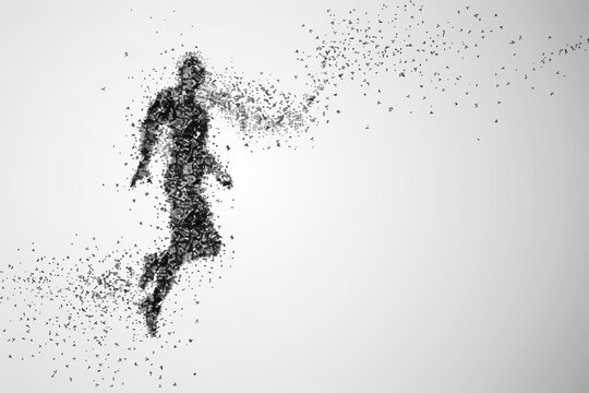 A striking abstract image of a dissolving figure, embodying the concept of transformation and the ephemeral nature of human existence, blending art and existential themes.