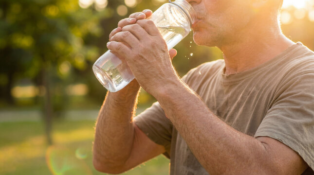 Man drinking water from a transparent bottle under the summer sun, close-up of hands, bright light, summer lifestyle scene. Thirst quenching concept, summer heat.