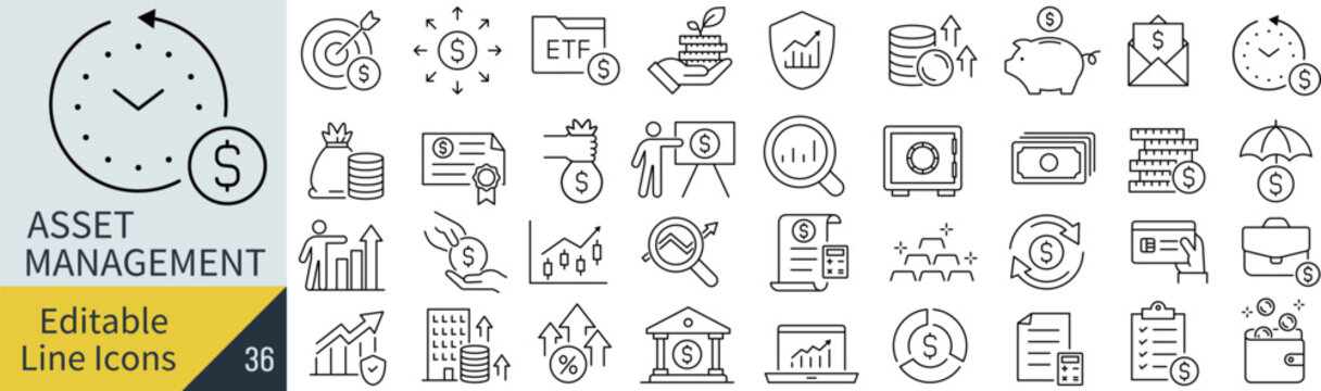 線の編集ができる資産運用に関するアイコンセット（アウトライン化していない）
