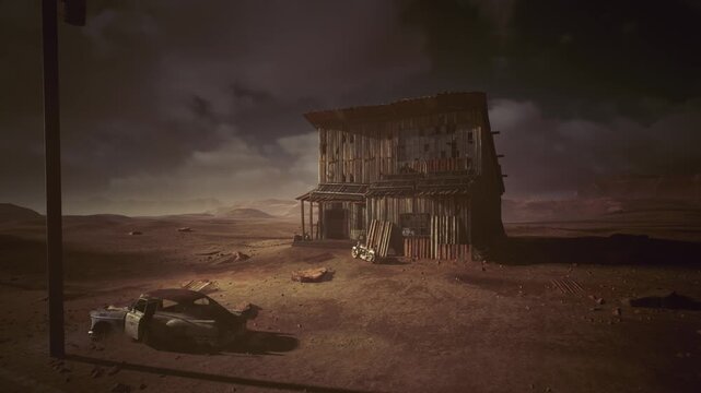 nocturnal outpost under cloudy night, weathered twostory shack overlooks barren plain, overturned car near leaning pole, faint moonlight and storm clouds cast
