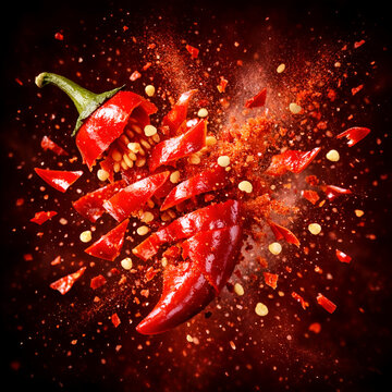 Sliced Red Chili Pepper Exploding with Chili Flakes and Seeds on Dark Background.
