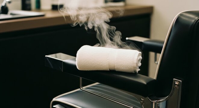 Steamy towel on vintage barber chair in modern barbershop