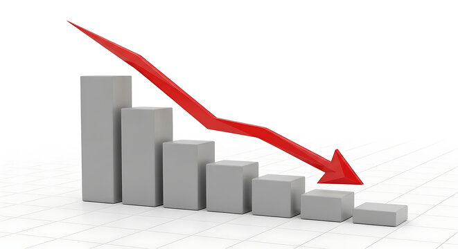 3d bar chart with decreasing trend shown by red arrow on white background