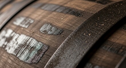 Naklejka premium Close-up of rustic wooden barrel with textured metal bands