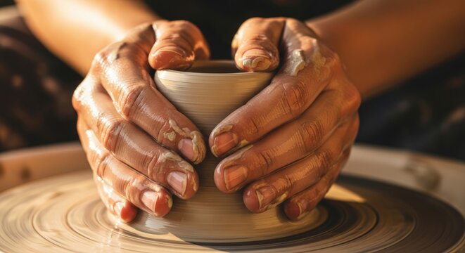 Close-up of hands shaping pottery clay on spinning wheel